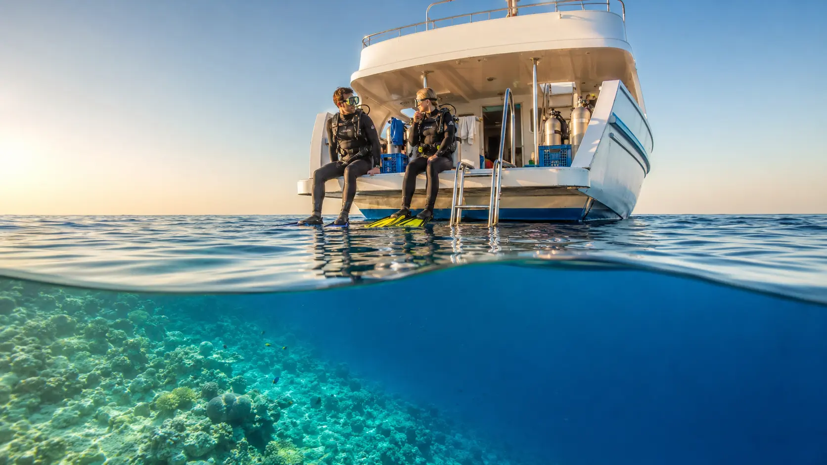 Scuba divers preparing from a Red Sea dive boat in Hurghada