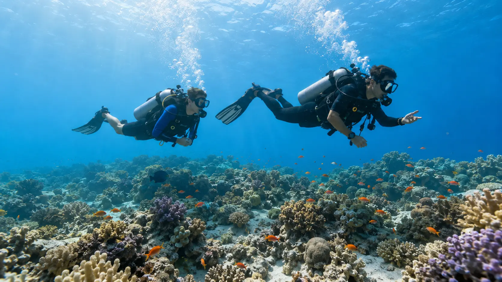 Beginner scuba diver following an instructor above a coral reef in Hurghada