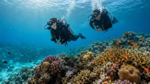 Scuba divers above a colorful coral reef at Giftun Island near Hurghada