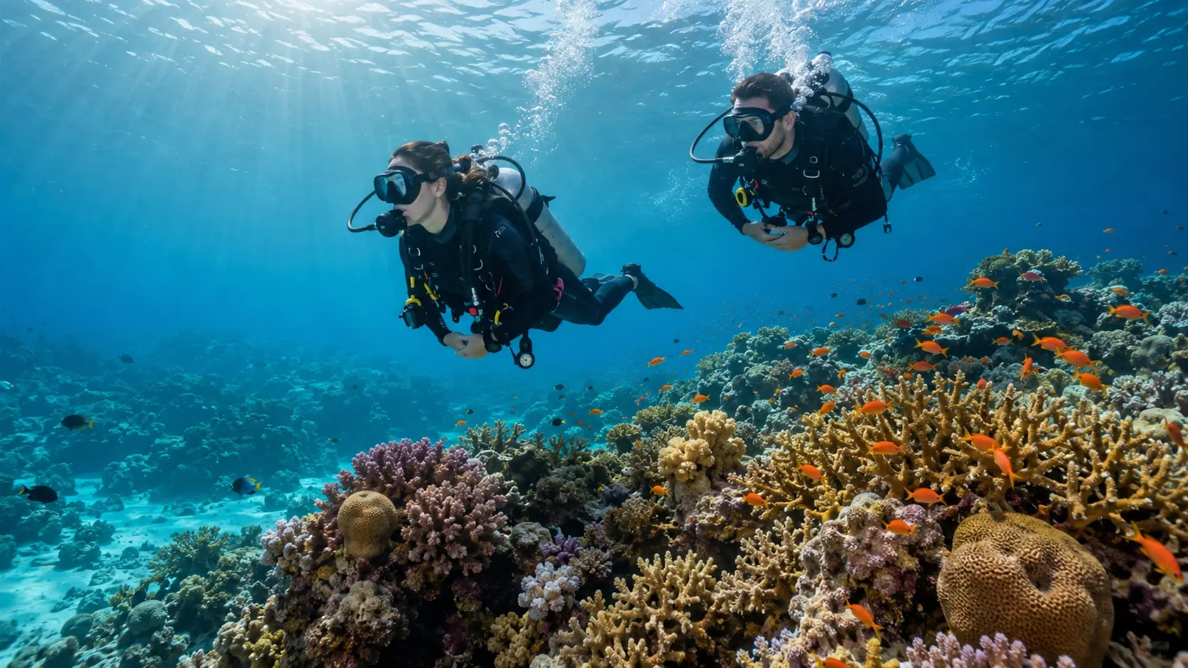 Scuba divers above a colorful coral reef at Giftun Island near Hurghada